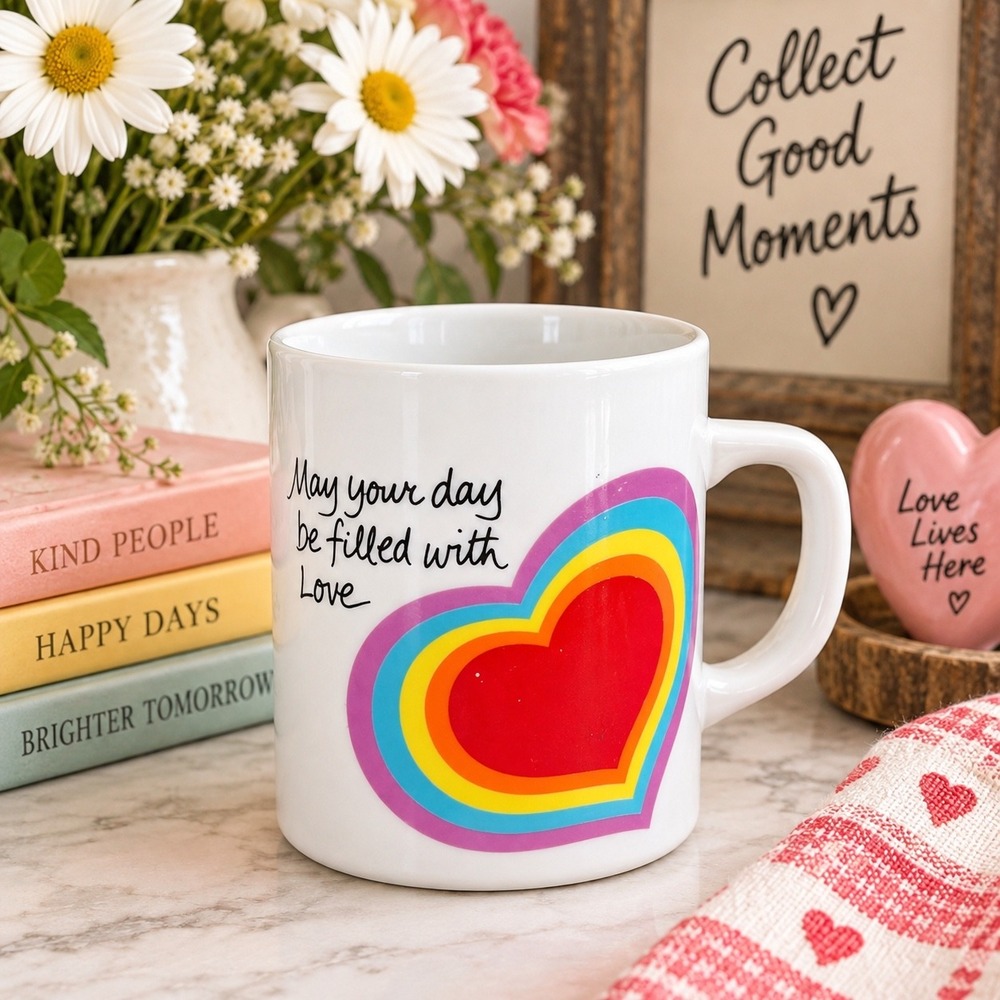 Vintage 1983 Avon The Love Mug Easter Rainbow Heart Ceramic Coffee Cup White